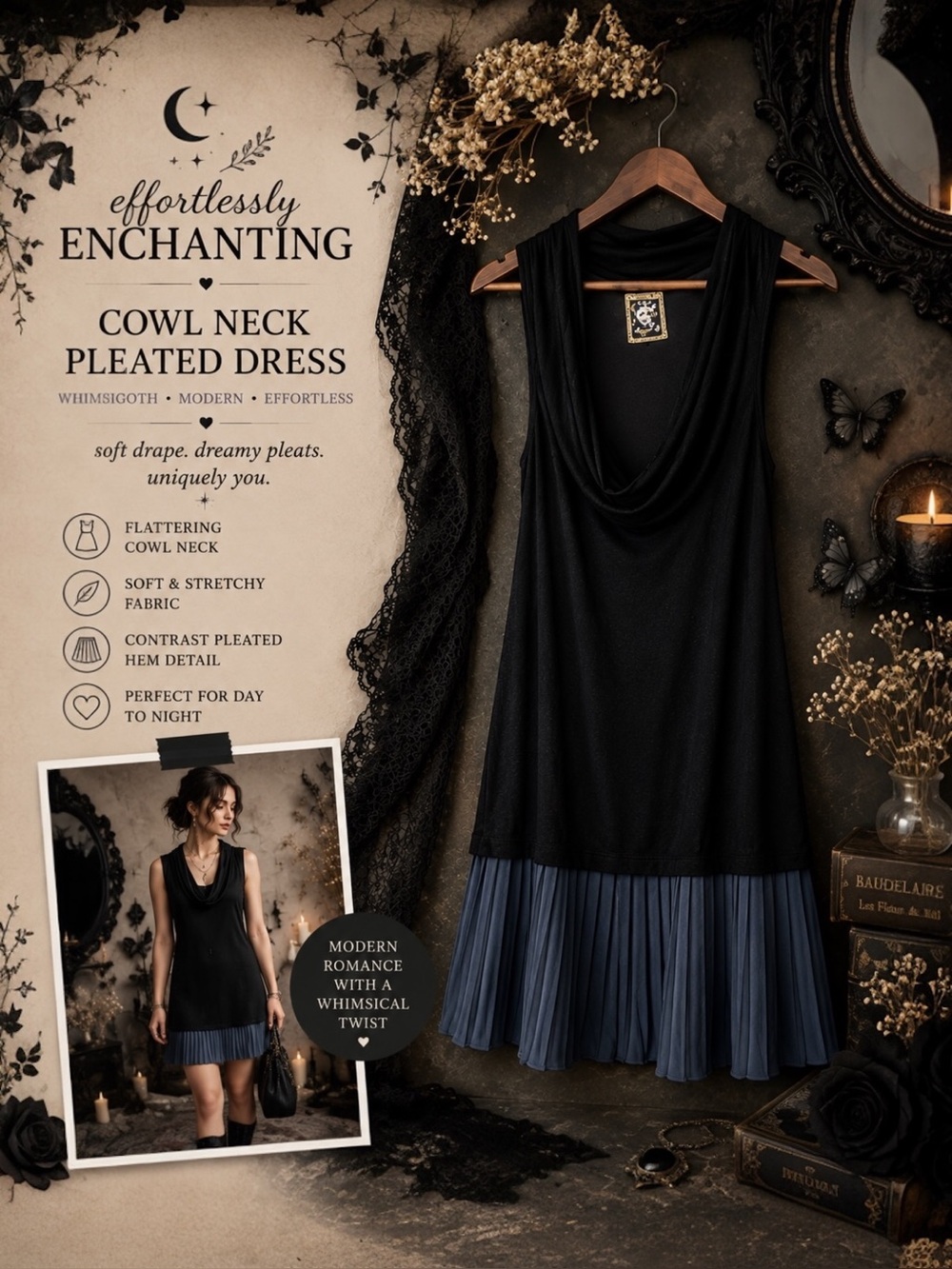 Free People Y2K Parisian Cowl Neck Pleated Slub Mini Whimsiegoth Dress Small